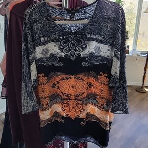 Alfani Navy Blue, White and Orange 3/4 Sleeve Blouse